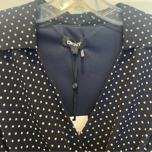 DKNY Navy Blue Polka Dot Collared Fit & Flare Long Sleeve Midi Dress Sz 6 - Picture 3 of 10